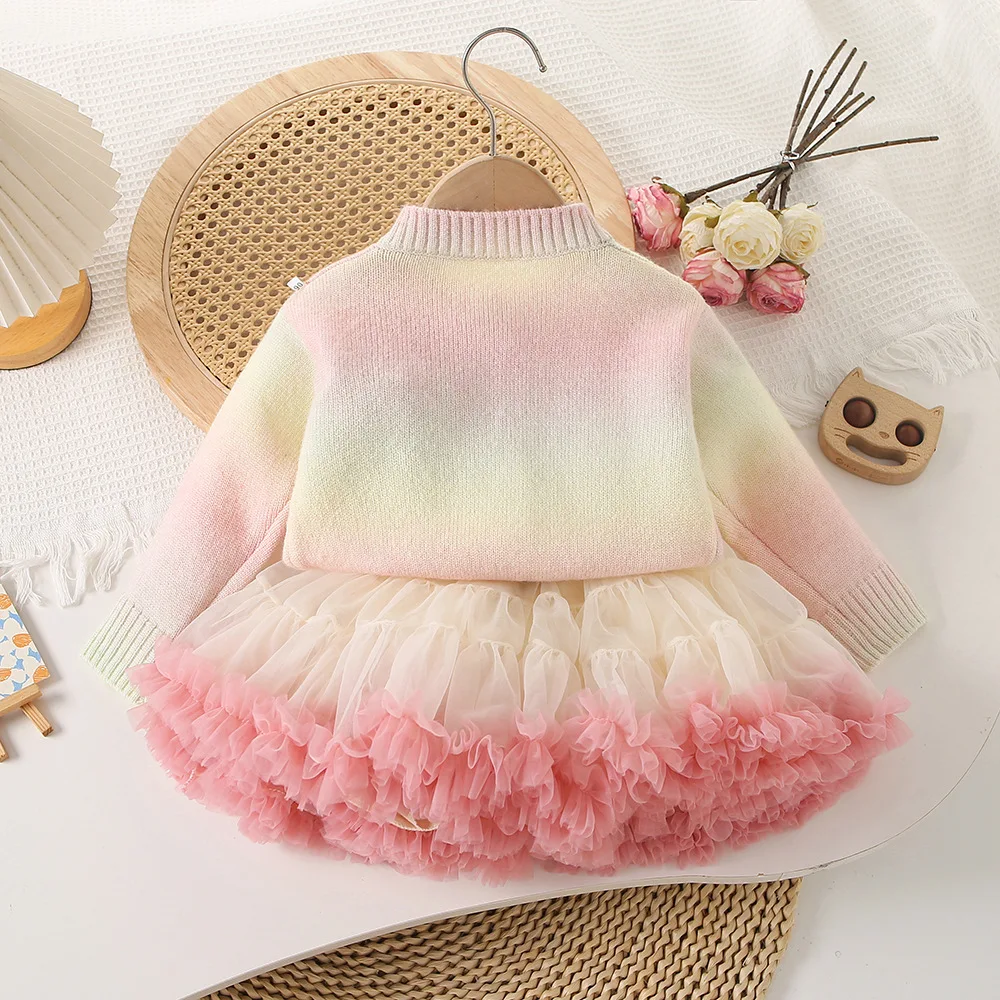 Girls' rainbow sweater Autumn  winter baby girls' knitted cardigan + gradient mesh pooping princess skirt Korean version trend