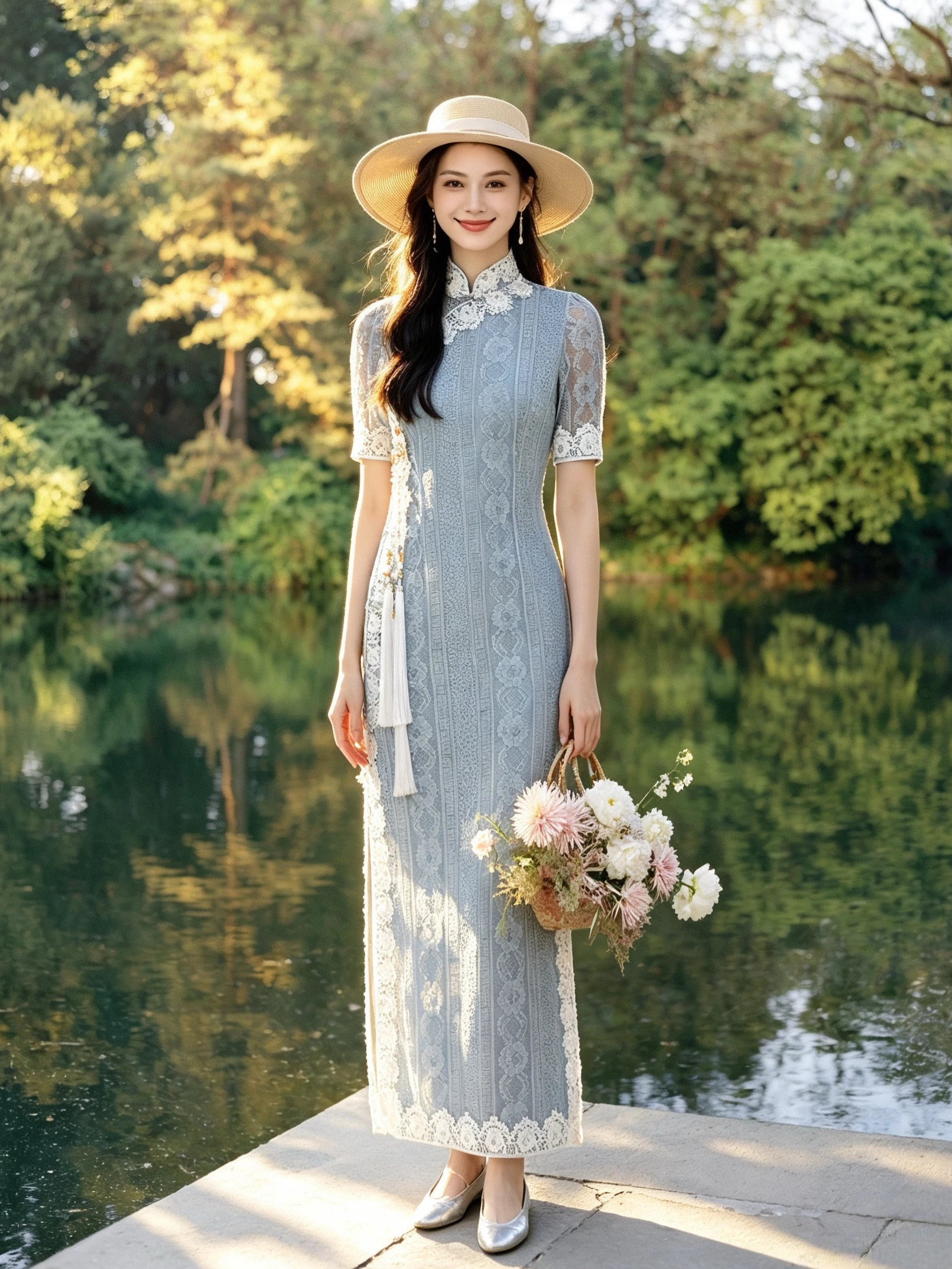 

Elegant Blue Lace Young Style Engagement Dress Long Qipao Young Version Wedding Dress Cotton Blend Fabric Breathable Skirt