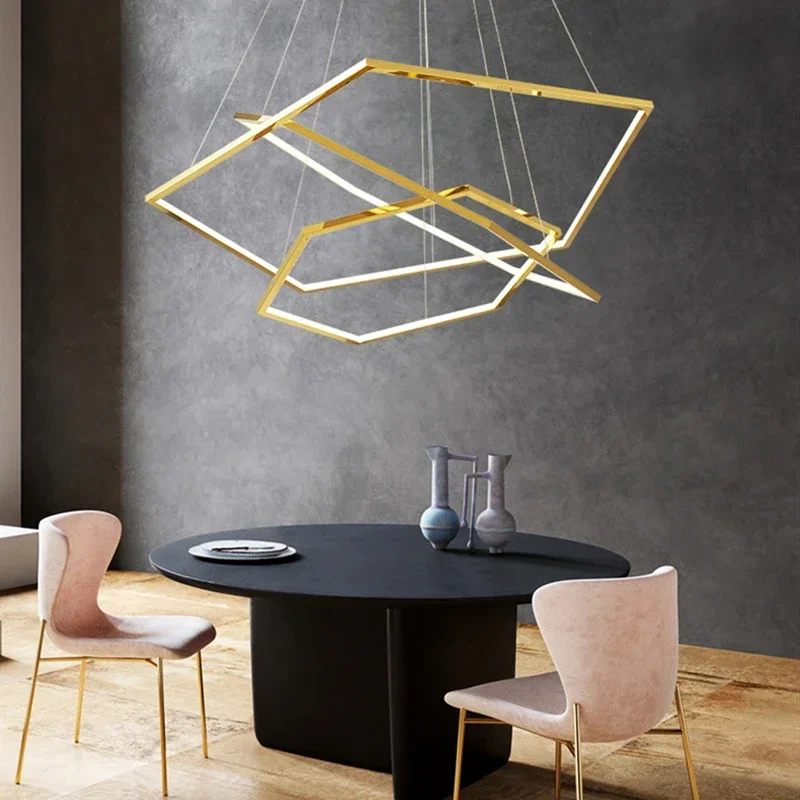 New Post-Modern Luxury Gold Chandelier Minimalist Geometric Hexagonal Line Led Suspension Light For Living Room Ring
