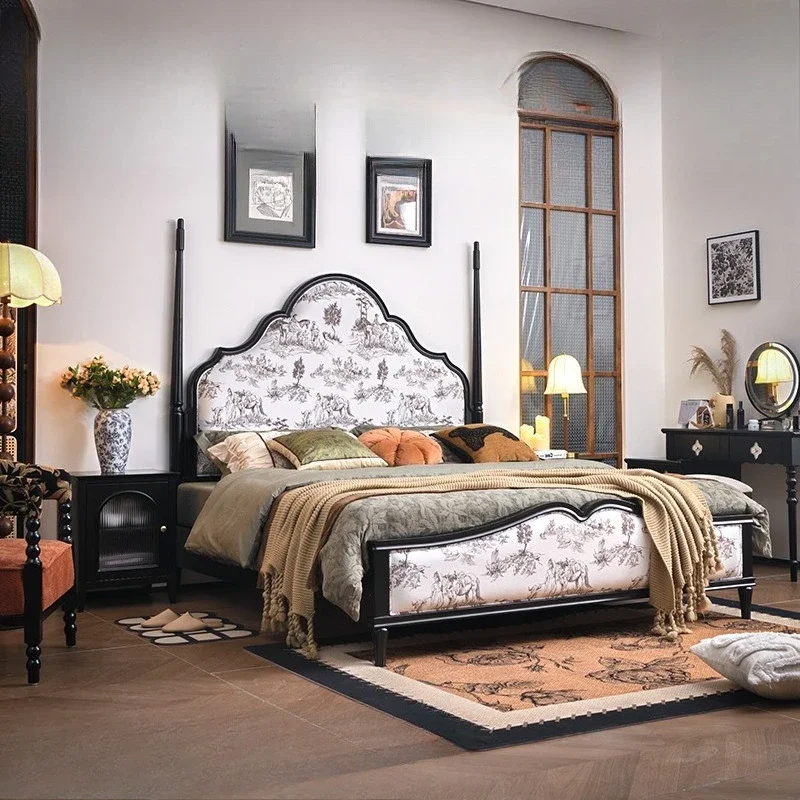 

1French Retro Solid Wood Bed, Bedroom 1.8 Meters, Flannel Printing Soft Bed, Antique Small Apartment Double.