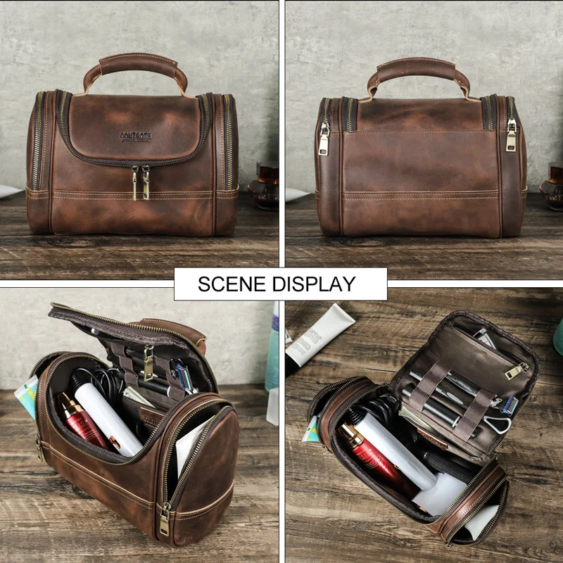 HTS-MC1043 Retro Crazy Horse Leather Multi Zipper Handheld Toilet Bag with Large Capacity and Trendy Makeup Storage Bag