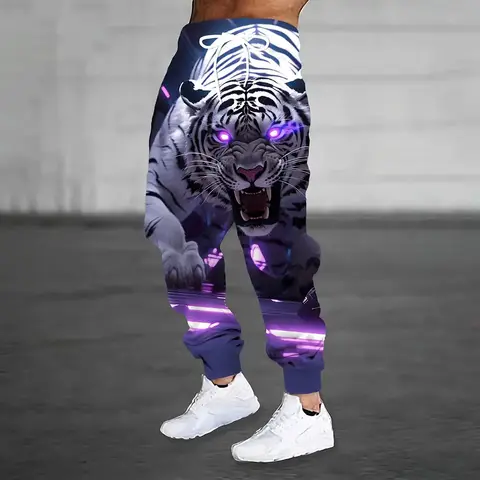 겨울 새로운 두꺼운 따뜻한 바지 패션 신 짐승 호랑이 인쇄 남성 스포츠 바지 남성 느슨한 캐주얼 포켓 풀 로프 스포츠 바지
