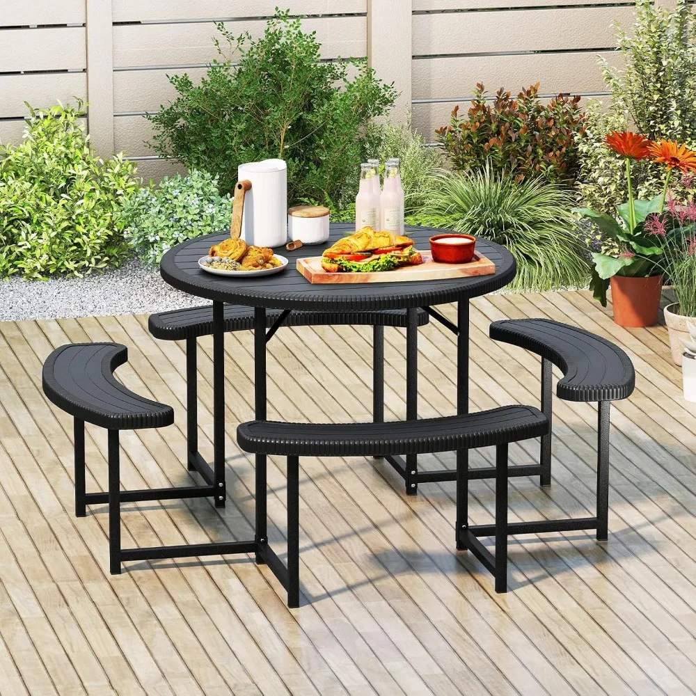 

8 Person Picnic Table, HDPE Outdoor Round Table and Bench Set with 4 Built-in Benches, Umbrella Hole, Metal Frame for Garden