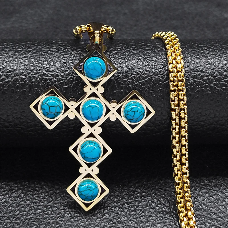 Boho Stainless Steel Blue Stone Necklace for Women Men Cross Pendant Sweather Chain Long Necklaces Jewelry Reiki Healing Gift