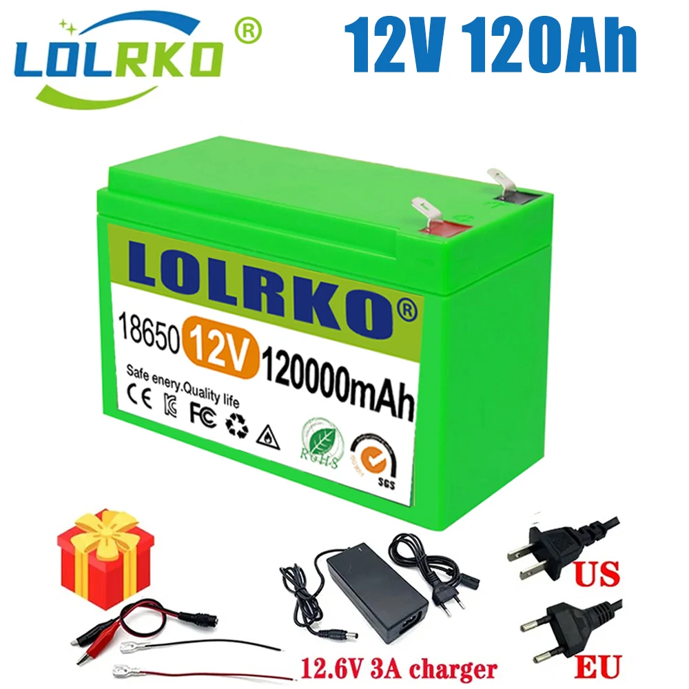 

12v 18650 Li-ion rechargeable battery pack DC 12.6V 120Ah battery with EU plug + 12.6v 3a charger + cr123a DC bus head cable