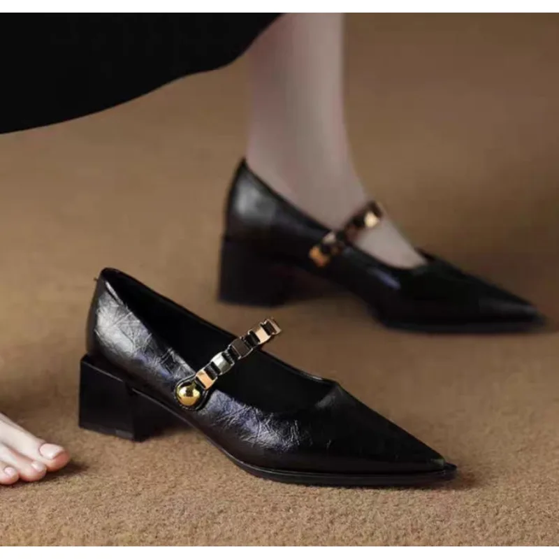 

New Spring Style Pointed Toe Square Heel Versatile Style Single Shoes Women's Shoes Professional Buckle Dress High Heels Pumps