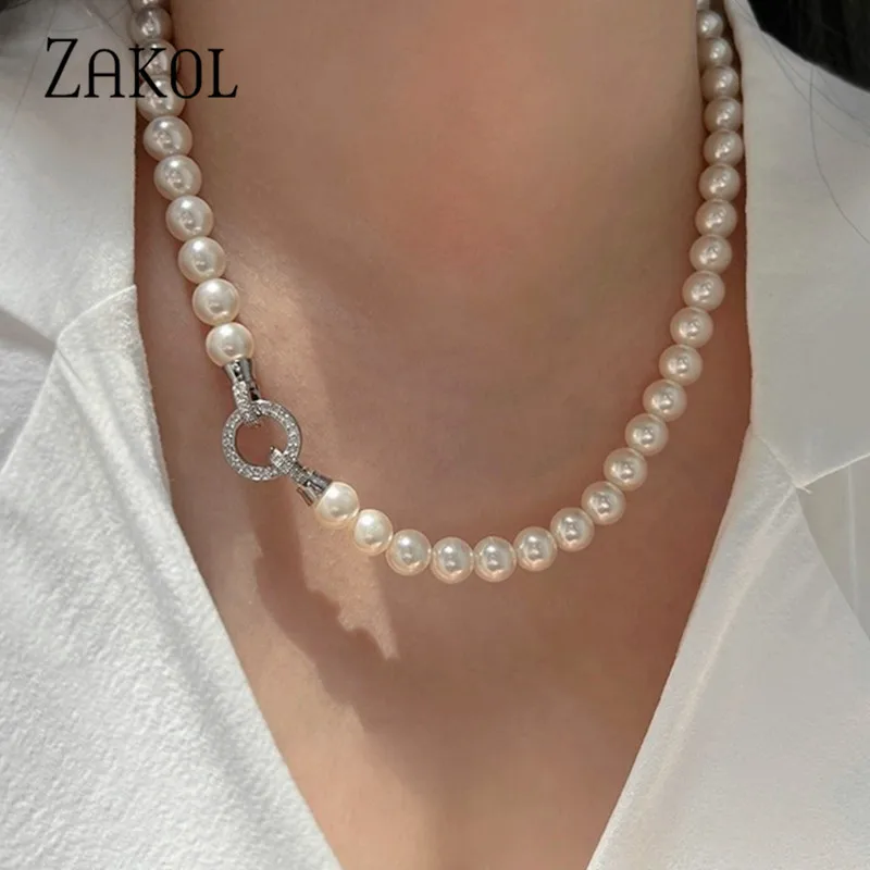 ZAKOL Simple White Pearl Bracelet Necklace Sets For Women Exquisite Luxury Wedding Romantic Party Beaded Chain Jewelry