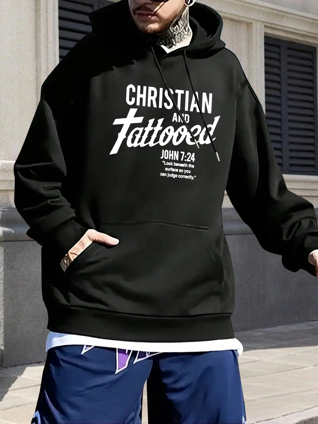 

Men's light grey geometric printed pocket hoodie with "Christianity and Tattoos" scripture design, long-sleeved pullover