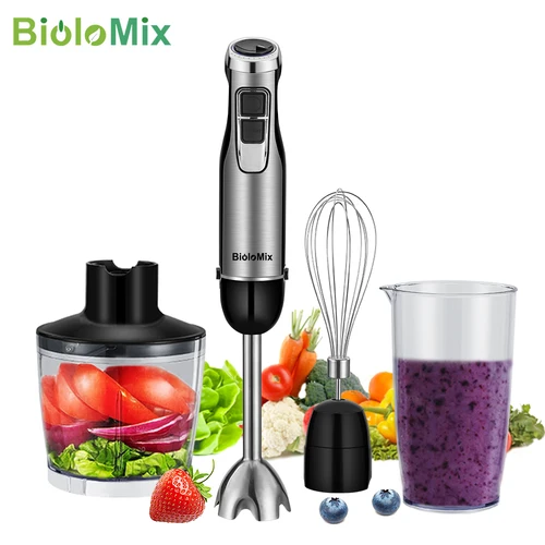 BioloMix 침수 핸드 스틱 믹서기 믹서, 야채 고기 연마기, 스무디 베이비 푸드 스프용, 800ml 다지기 거품기, 1200W, 4 인 1