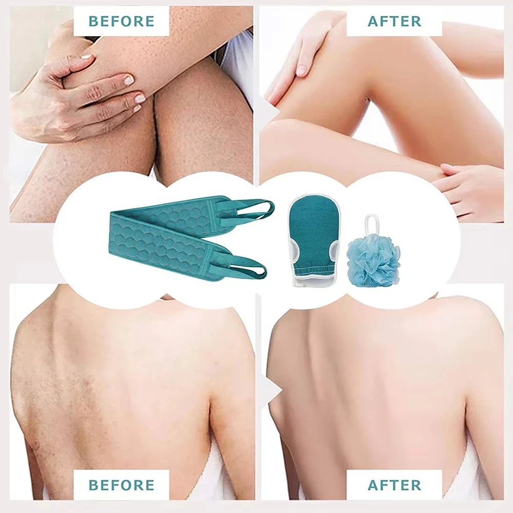 Derinlemesine Temizlik ve Hijyen için Sırt Fırçası, Banyo Eldiveni ve Duş Süngeri Lifli Peeling Vücut Fırçası Seti