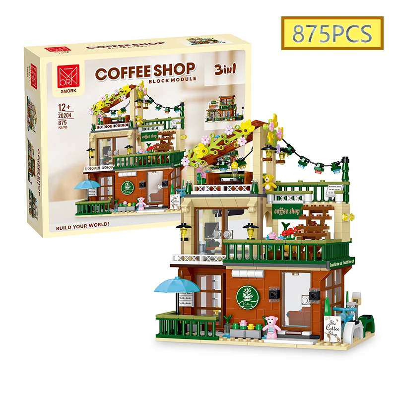 

875PCS MOC 3 in 1 City Retro Balcony Building Blocks LED Shop House Coffee Shop Cafe Model Children's Puzzle Toys Gifts