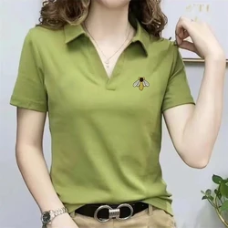 2024 Summer Women Korean Fashion Embroidery Elegant Polo Collar T-shirts Female Simple Casual Loose Short Sleeve Tops Ropa Mujer