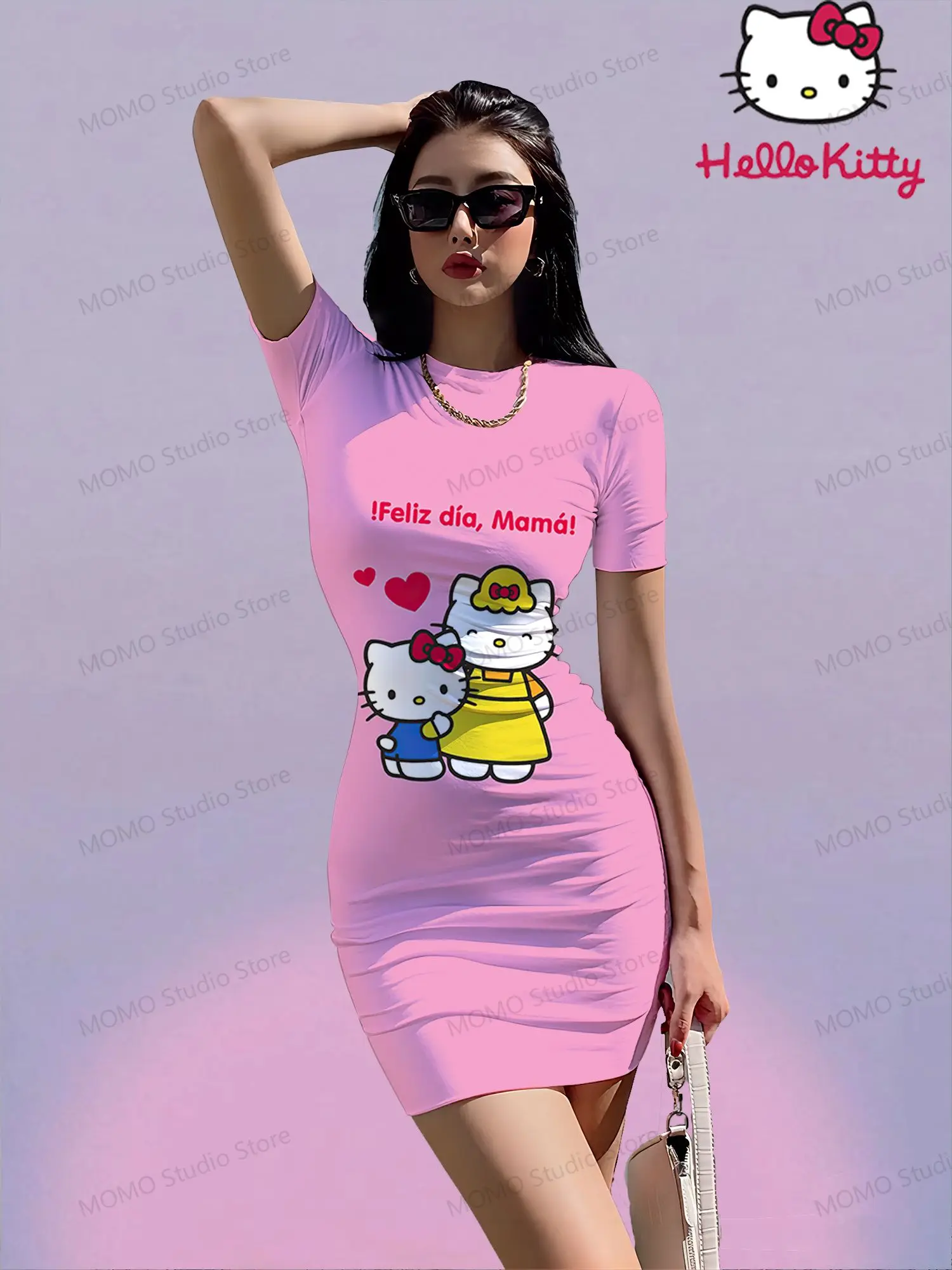 

Kawaii Women's Short Sleeve Hip Dress Hello Kitty 2024 Summer Y2k S-3XL Sanrio O Neck Young Girls Dresses Fashion New Elegant