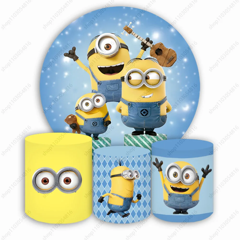 Minions รอบฉากหลังสำหรับวันเกิดสำหรับเด็กทารกที่อาบน้ำสีเหลืองสีฟ้ารูปภาพวงกลมยืดหยุ่นภาพพื้นหลัง