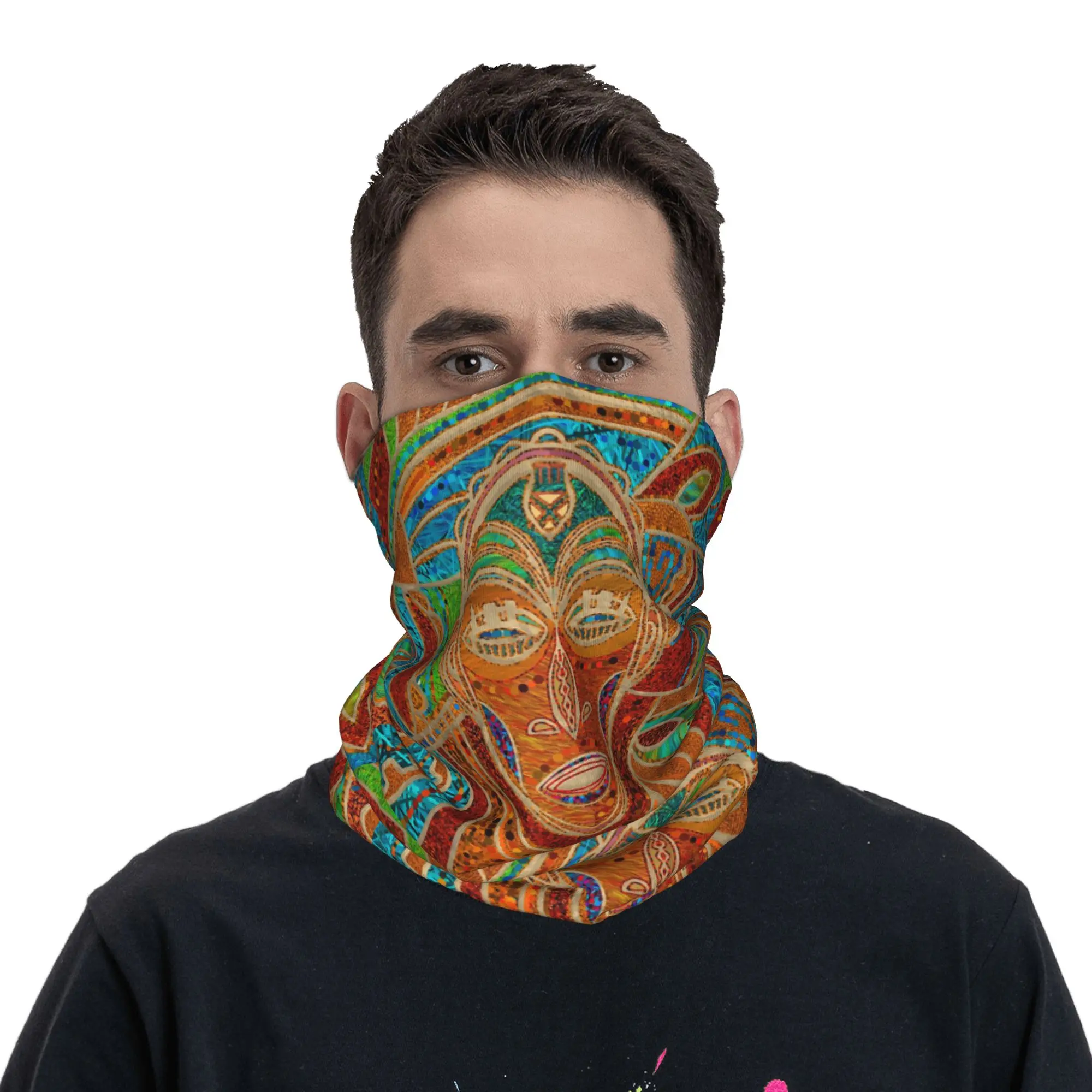 African Tribal Mask  Illustration Bandana Neck Gaiter Printed Wrap Scarf Warm Face Mask Outdoor Sports Unisex Adult