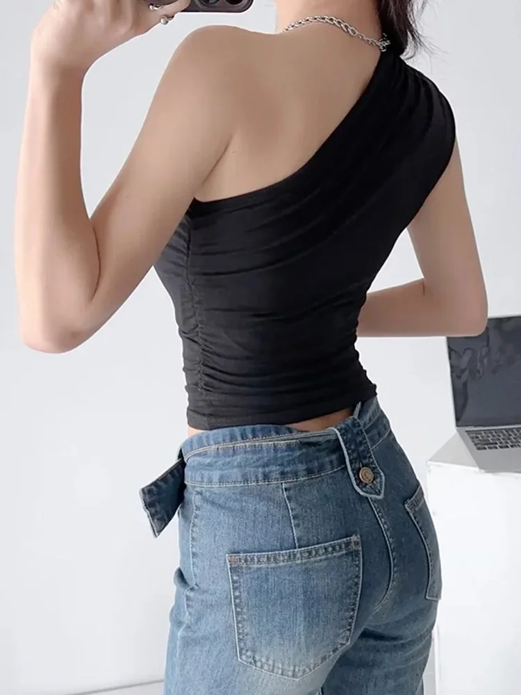 Wrinkle Sloping Shoulder Camisole Vest Women Clothes One-Shoulder Sleeveless Crop Top Skinny Sexy Solid All-matc One Shoulder