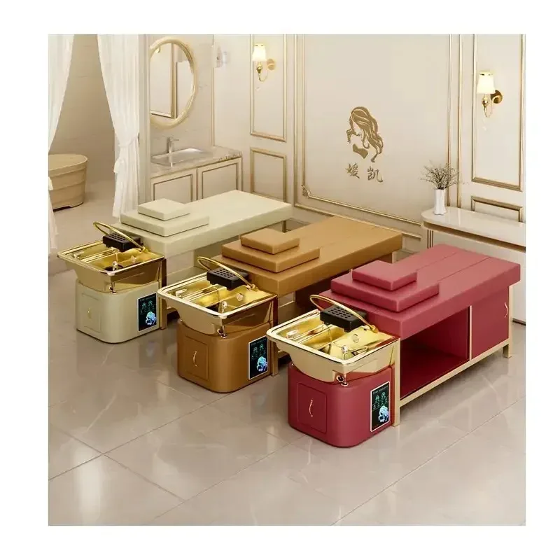 

2025 Новая роскошная спа-кровать с золотым салонным изголовьем, специальная кровать для шампуня для тайского массажа