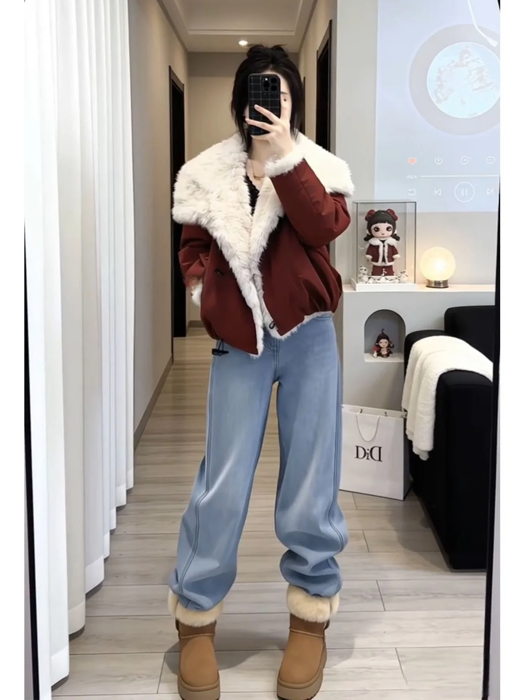

Sli Winter Outfit Women's ort Collar Coat Thiened Contrast Color Design Casual Sle High Waist Pants Set