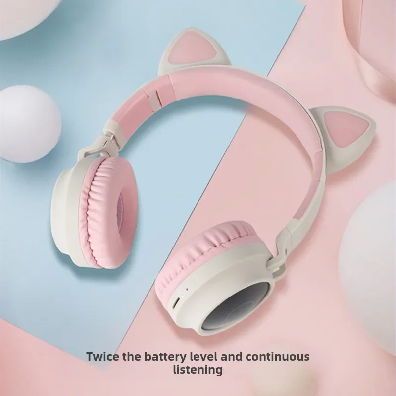 LED Cat Ear Bluetooth 5.0 Noise Cancelling Earphones for Girls, Music Earphones, Supports TF Card, FM Radio