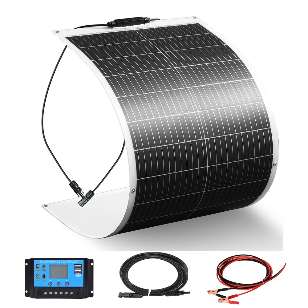 

100W Flexible Solar Panel 12V System kit 10A Charge Controller Cables Alligator Clip PV Connector Cables for Yacht Boat RV Cabin