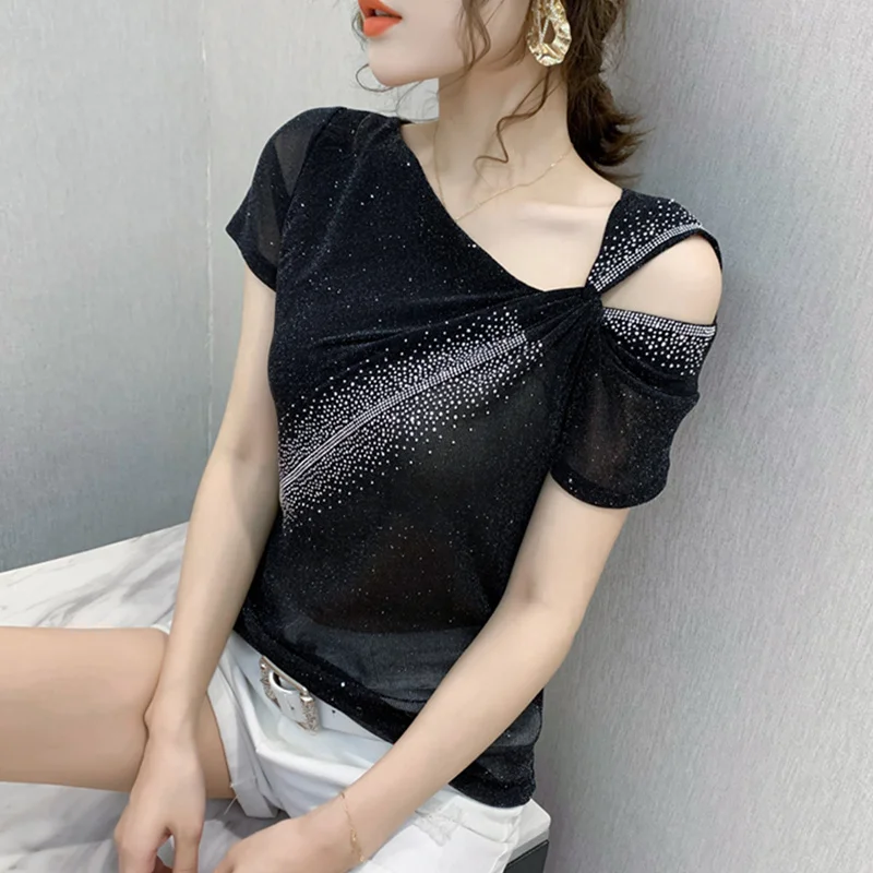 

#5481 Black Green Orange Mesh T Shirt Women Skew Collar Diamonds Sexy Off Shoulder Basic T Shirt Femme Short Sleeves Summer Top