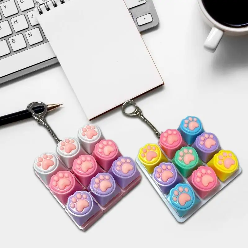 （NEW）9 Keys Silent Keyboard Keychain Creative Cat Paw Button Keycap Stress Relief Toys Fidget Toys For Children Adults Gifts