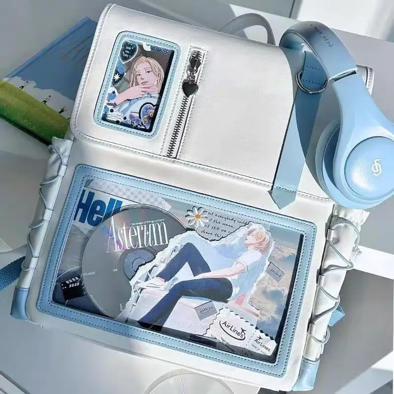 Blue White Japanese Pain Backpacks Girls Transparent Two Pockets Y2k Ita Bags Kawaii College Student DIY Backpack JK Uniform Bag