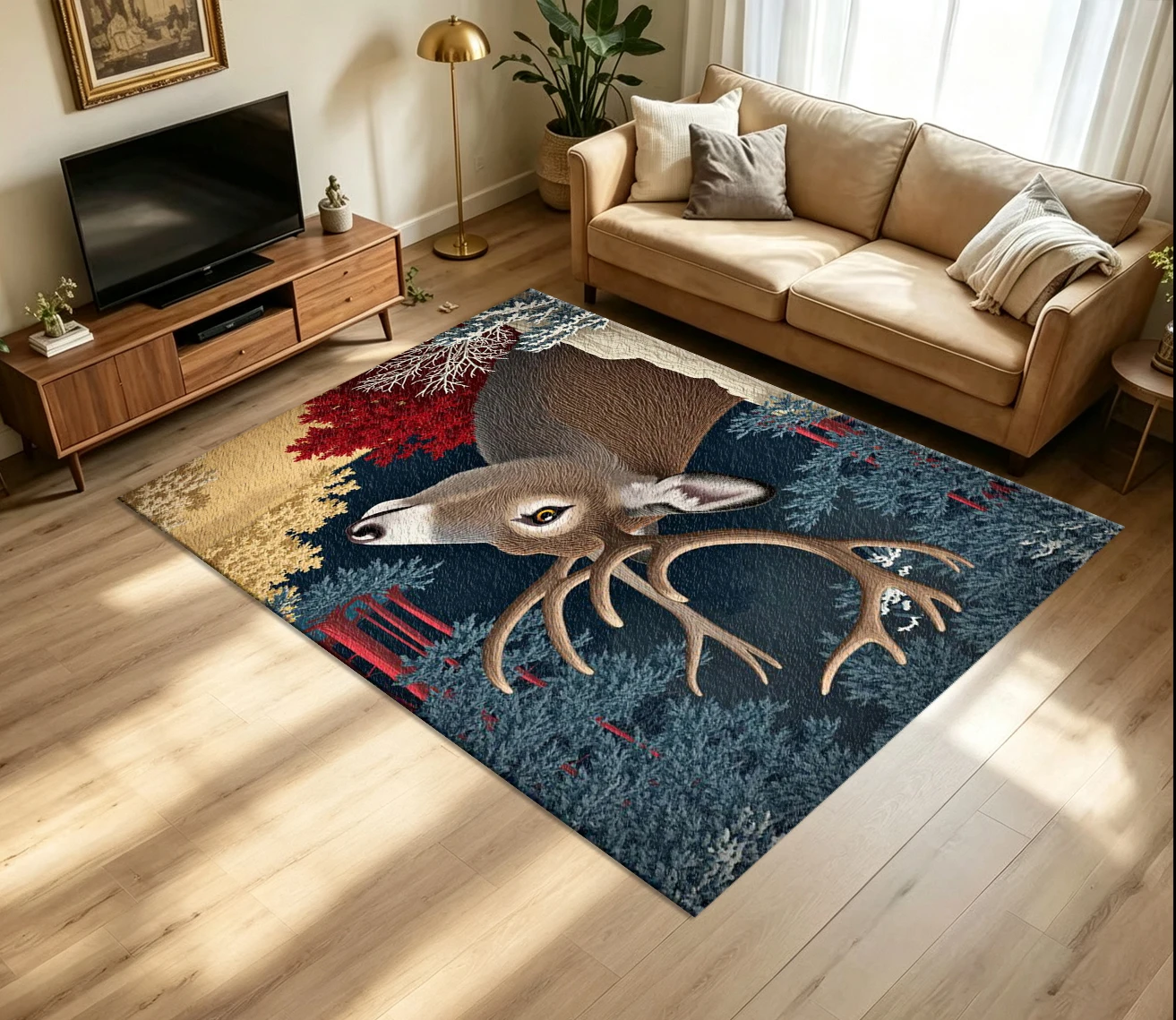 Forest Deer Wildlife Art Carpet Flooring, Vivid Animal Scenery Non-Slip Floor Rug for Living Room Bedroom Home Decor