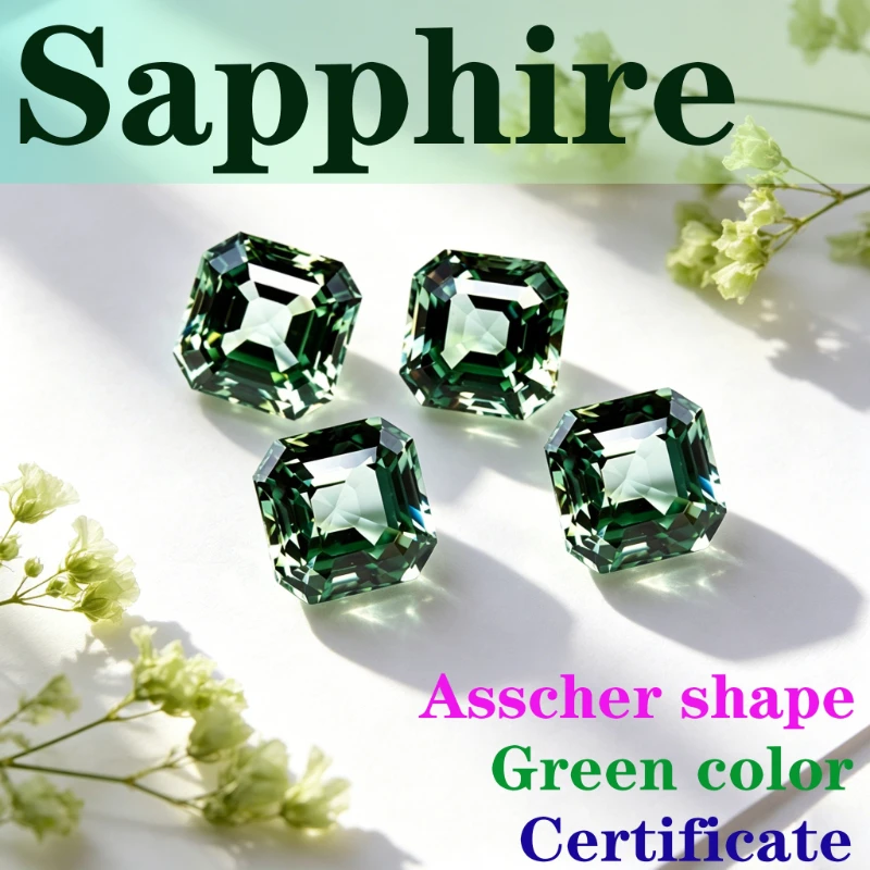 Laboratory Production Sapphire Stone Asscher Shape Green Color Certificate