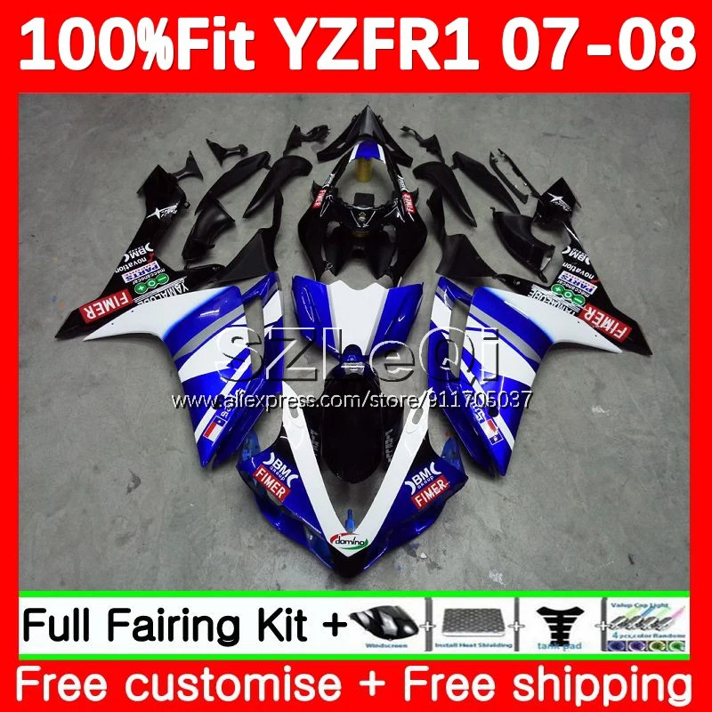 Blue White OEM Body For YAMAHA YZF1000 YZF R1 R 1 1000 CC YZFR1 07 08 132No.0 YZF-1000 YZF-R1 2007 2008 Injection Fairing Kit