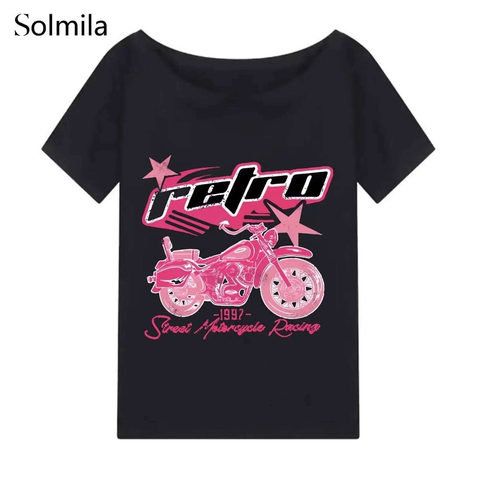 

Women's T-shirt Off Shoulders Short Sleeve Graffiti Letters T-Shirts Fashion Tops Casual Streetwear Hip Hop Y2k Clothes Tops