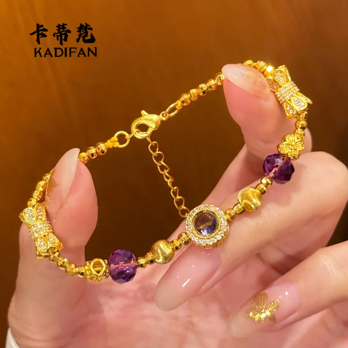 

9999 24K real gold cat eyeball beads DIY amethyst wheat ears wrap bracelet for women light luxury high-end bracelet