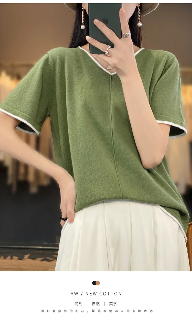 100% Cotton T-Shirt Women's V-Neck Pullover Short Sleeve Summer New Casual Knitting Loose Top Fashion Color Contrast T-Shirt