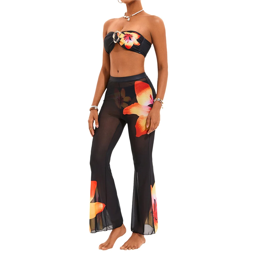 S - XL, mit Hose, Blumenmuster, Bikini, Damen-Badeanzug, dreiteiliges Bikini-Set, Damen-Badebekleidung, Badeanzug, Schwimmanzug V6553 – Detail 4