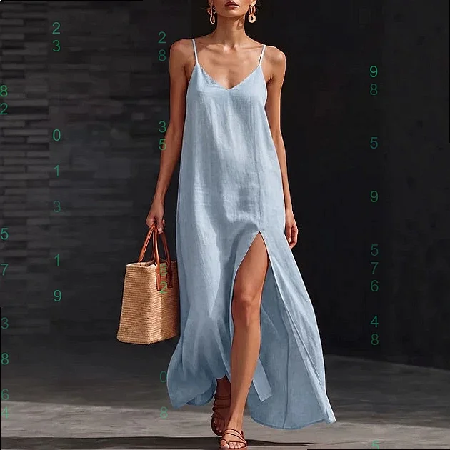 

Plain Color V Neck Camisole Long Dress Summer Sling Dress Loose Side Slit Casual Dresses