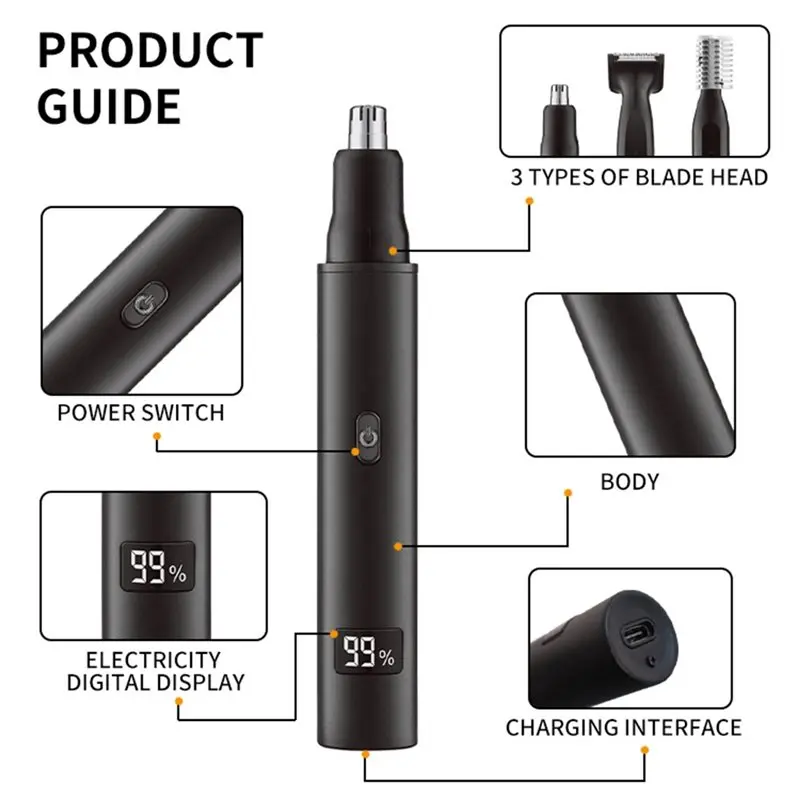 [NEWA66Z!】 USB Charging 3In1 Electric Ear Nose Hair Trimmer Portable Device For Men Women Ear Nose Eyebrow Facial Hair Trimming