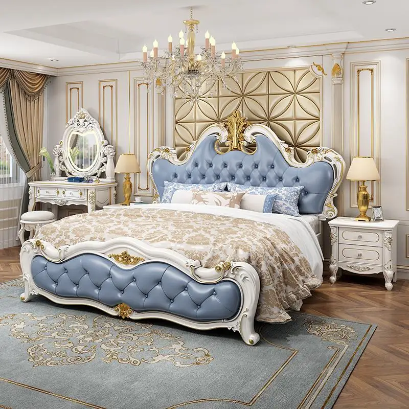 New Design French Luxury Bedroom Bed Furniture European Royal Classic Carved Queen King Size Solid Wood Frame Leather Double Bed view 4
