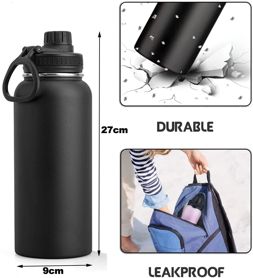 Garrafa de Água Esportiva Isolada a Vácuo, Tampa de Viagem 100% à Prova de Vazamento, Punho Paracord Sobrevivência, Aço Inoxidável, 1000ml, 32 oz