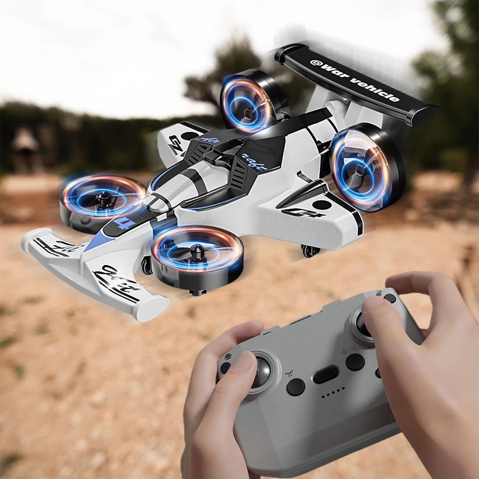 طائرة رباعية الدوار للتحكم عن بعد 2 في 1 (برية وجو) ومركبة انجراف بوضع بدون رأس وقلب 360 درجة (أبيض)