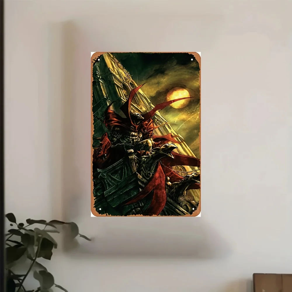 Spawn Comic Art Vintage Metal Sign - , Dark Demon Design with Red Accents, Frameless Iron Wall Hanging Decor for Home Office, Sp