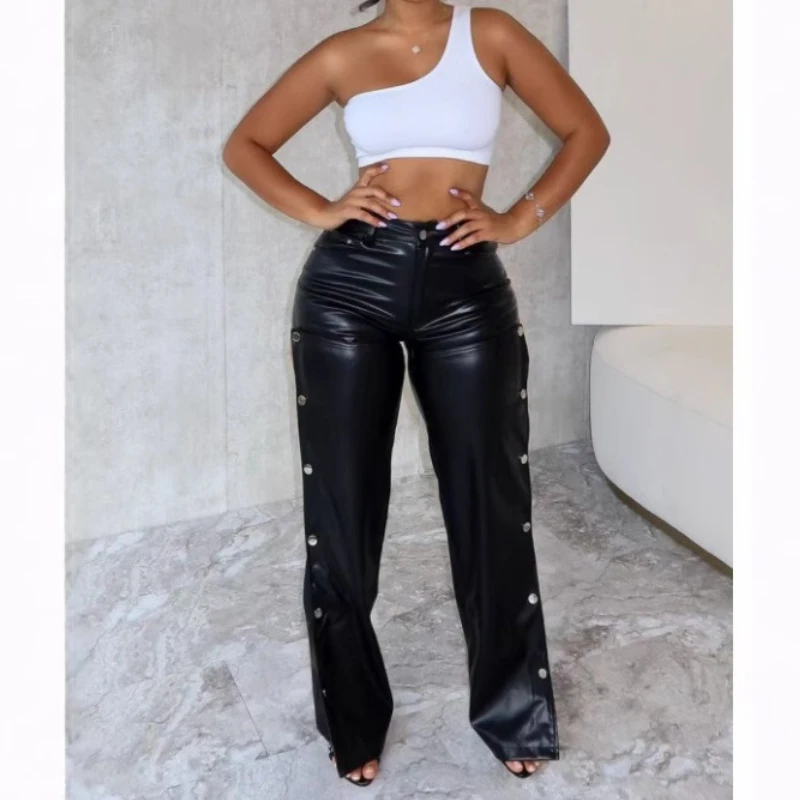 Pu Leather Pant Women Long Pants Sexy Slim Fit High Waist Straight Trousers Club Night Y2k Streetwear Elegant Splice Capris 2025