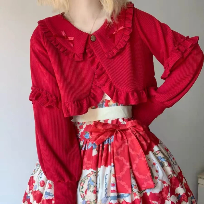 

Японский вязаный кардиган в стиле кавай-лолита для женщин, осенний, с рюшами, бантом и рукавами-фонариками, короткое пальто, ретро-кэжуал, трикотажный топ