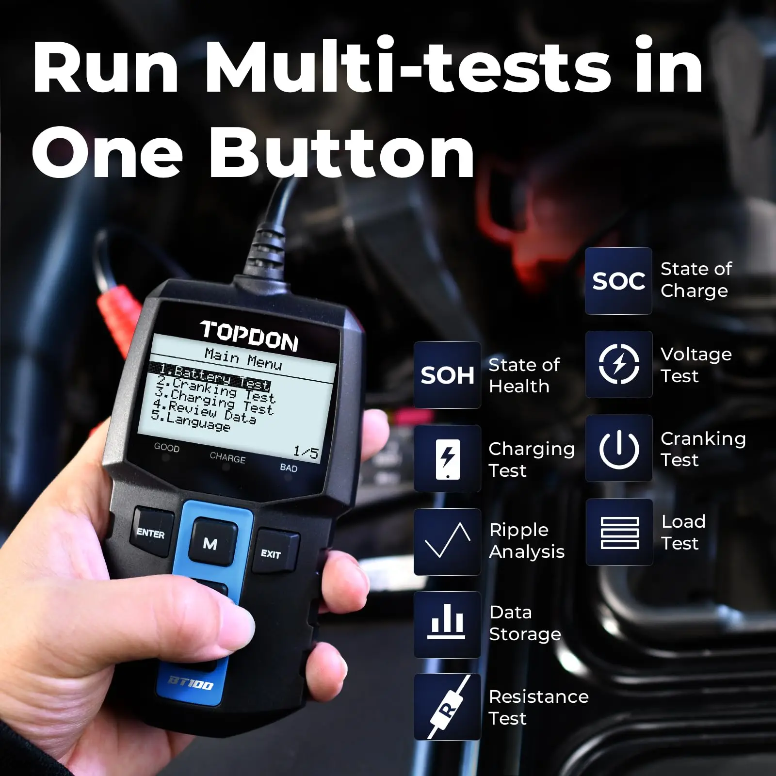 TOPDON BT100: 12V Battery Tester (100-2000 CCA). Tests cranking, charging, and load systems for cars, trucks, bikes, and boats