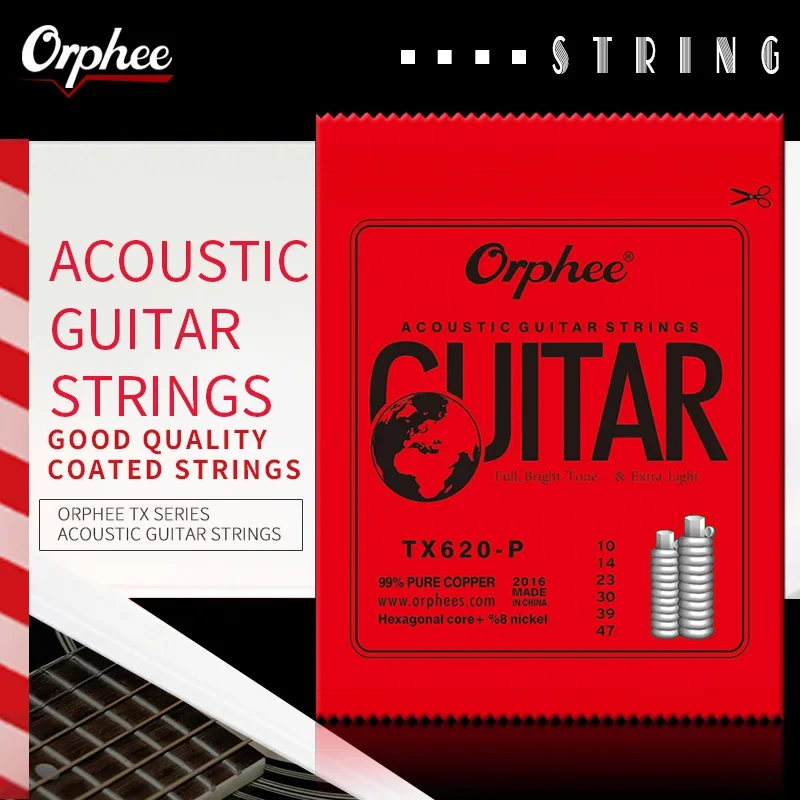 Orphee Acoustic Guitar Strings TX620-P Medium Carbon Steel Hexagonal Core Red Copper Winding String Guitar Parts & Accessory