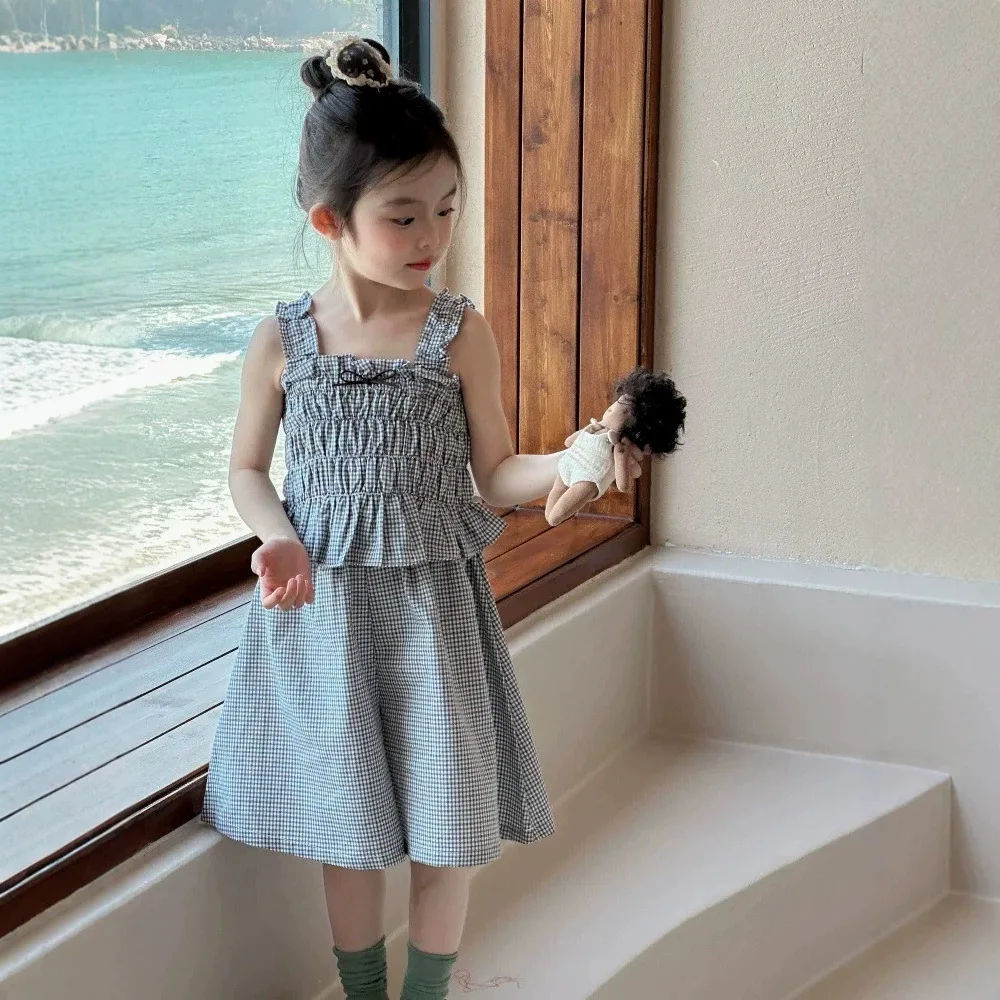 Girls Pant Set Summer Children Clothing Girls Plaid Suspender Top Wide Leg Shorts Two Piece Set 2026 Summer New