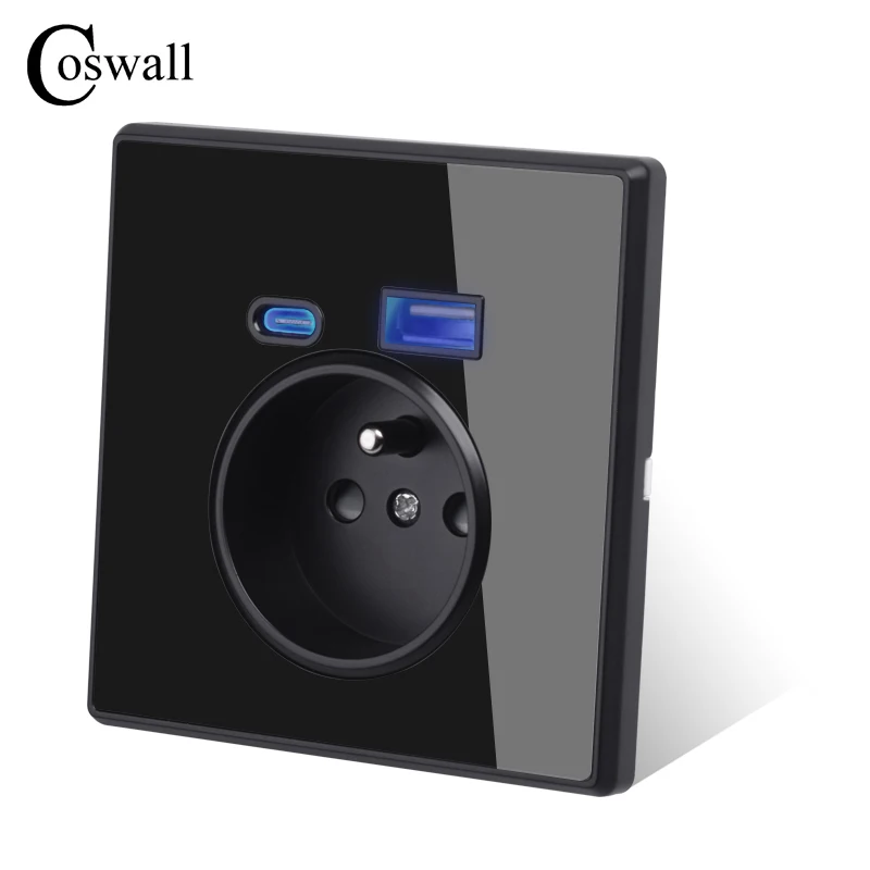 COSWALL Type-C Interface Outlet Full Mirror Crystal Panel Black EU Russia Spain French Standard Wall Socket With USB Charge Port