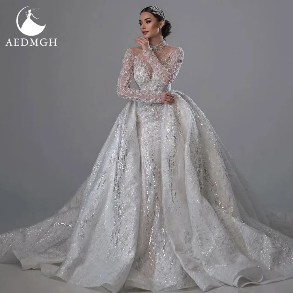 Aedmgh Mermaid Sexy Wedding Dresses High Neck Vestido De Novia Lace Embroidery Detachable Train Vintage Custom Made Bridal Gowns