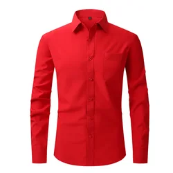 Camisa masculina casual de trabalho micro elástica, tamanho eua xxxl, cor sólida, manga comprida, slim fit, branco, preto, azul, vermelho, camisa formal social masculina