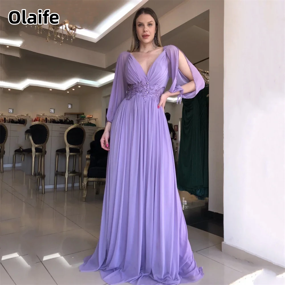 

Olaife Long Sleeve Lace V-neck Prom Dress Elegant Chiffon A-line Zipper Evening Dresses Floor Length Vestidos De Noche