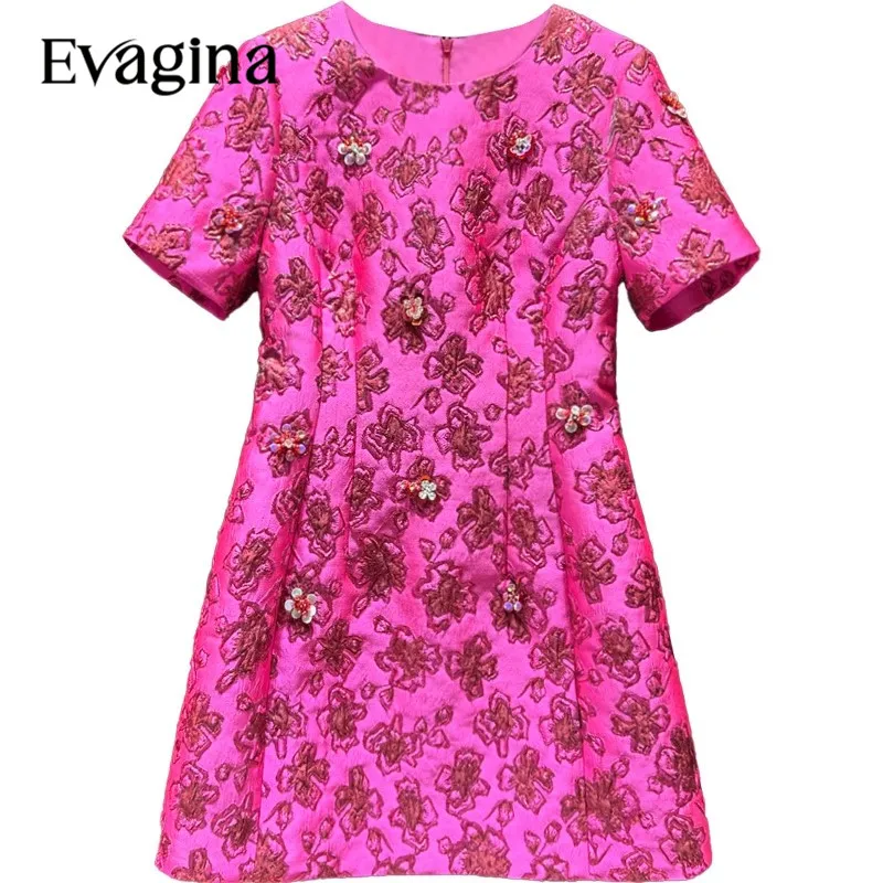 Evagina Fashion Beading Jacquard Waist Up Mini dress Spring Summer Women's Short Sleeved 2023 New Holiday Dresses